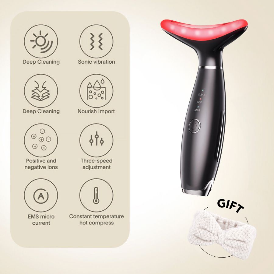 Aureza 7-in-1 facial toning and rejuvenation galvanic sculptor in white, showing the device with multiple treatment heads and controls.