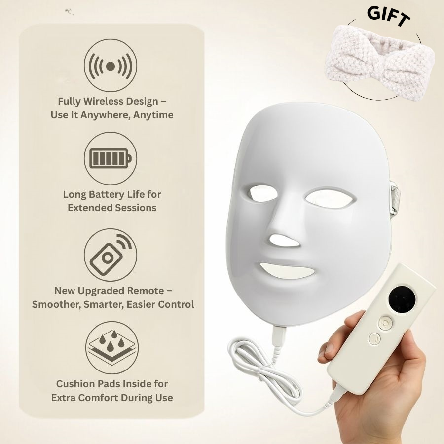 Wireless Aurenza Shop Face Mask Light Therapy Pro in white with adjustable straps, designed for facial skincare treatment.