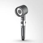 Aurenza Shop THE FILTERED SHOWERHEAD with sleek chrome finish, showing water flow and adjustable spray settings.