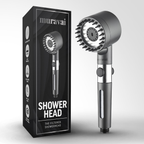 Aurenza Shop The Filtered Showerhead showing a sleek chrome design with adjustable spray settings and water flow.