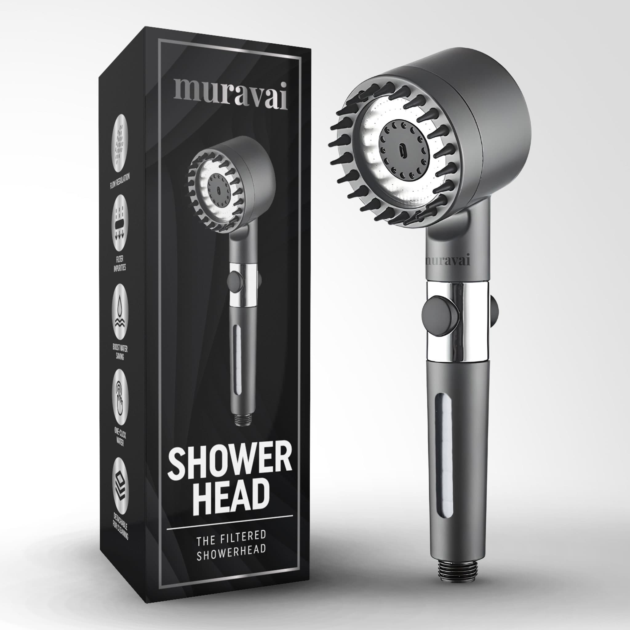 Aurenza Shop The Filtered Showerhead showing a sleek chrome design with adjustable spray settings and water flow.