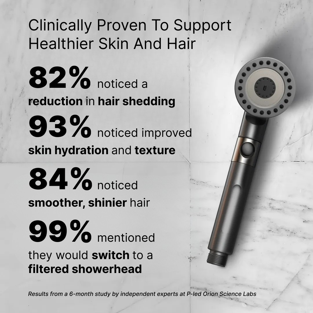 Aurenza Shop The Filtered Showerhead showing a sleek chrome finish and adjustable showerhead with water flow.