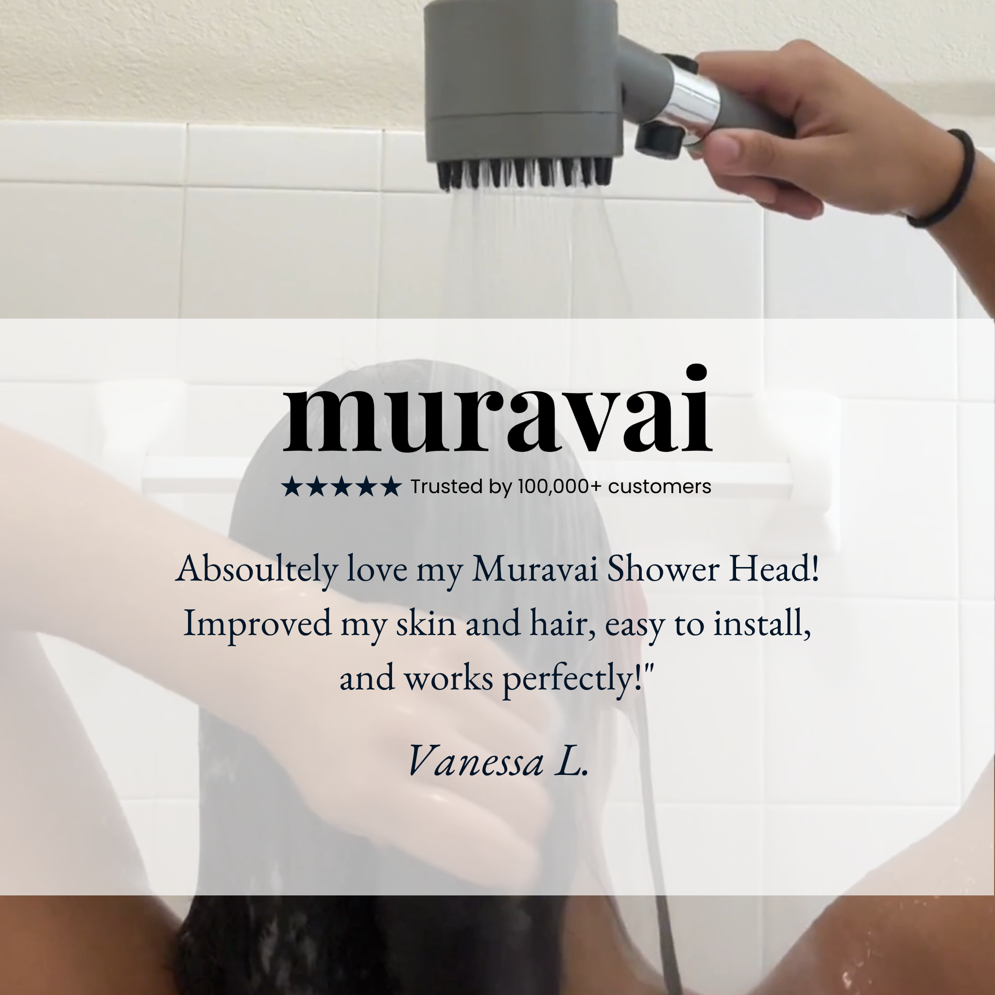 Aurenza Shop The Filtered Showerhead showing a sleek chrome finish and adjustable spray settings in a close-up view.