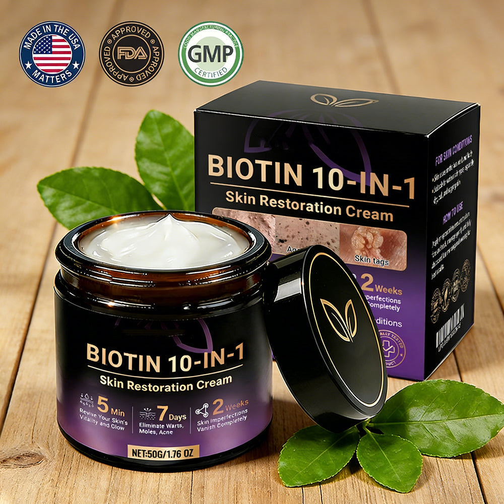 Two jars of Aurenza Shop Biotin 10-in-1 Skin Restoration Cream, made and shipped from USA, featuring smooth cream texture.