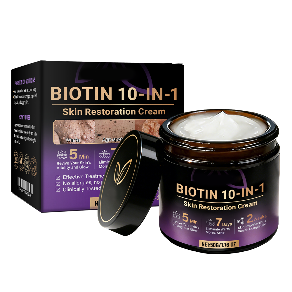 Two jars of Aurenza Shop Biotin 10-in-1 Skin Restoration Cream, made and shipped from the USA, with natural skin care ingredients.