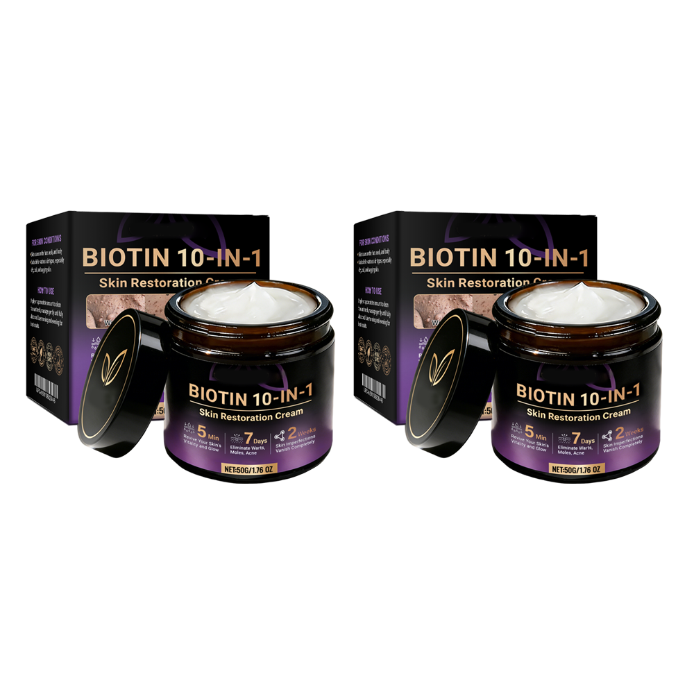 Two jars of Aurenza Shop Biotin 10-in-1 Skin Restoration Cream, made and shipped from the USA, with natural cream texture visible.