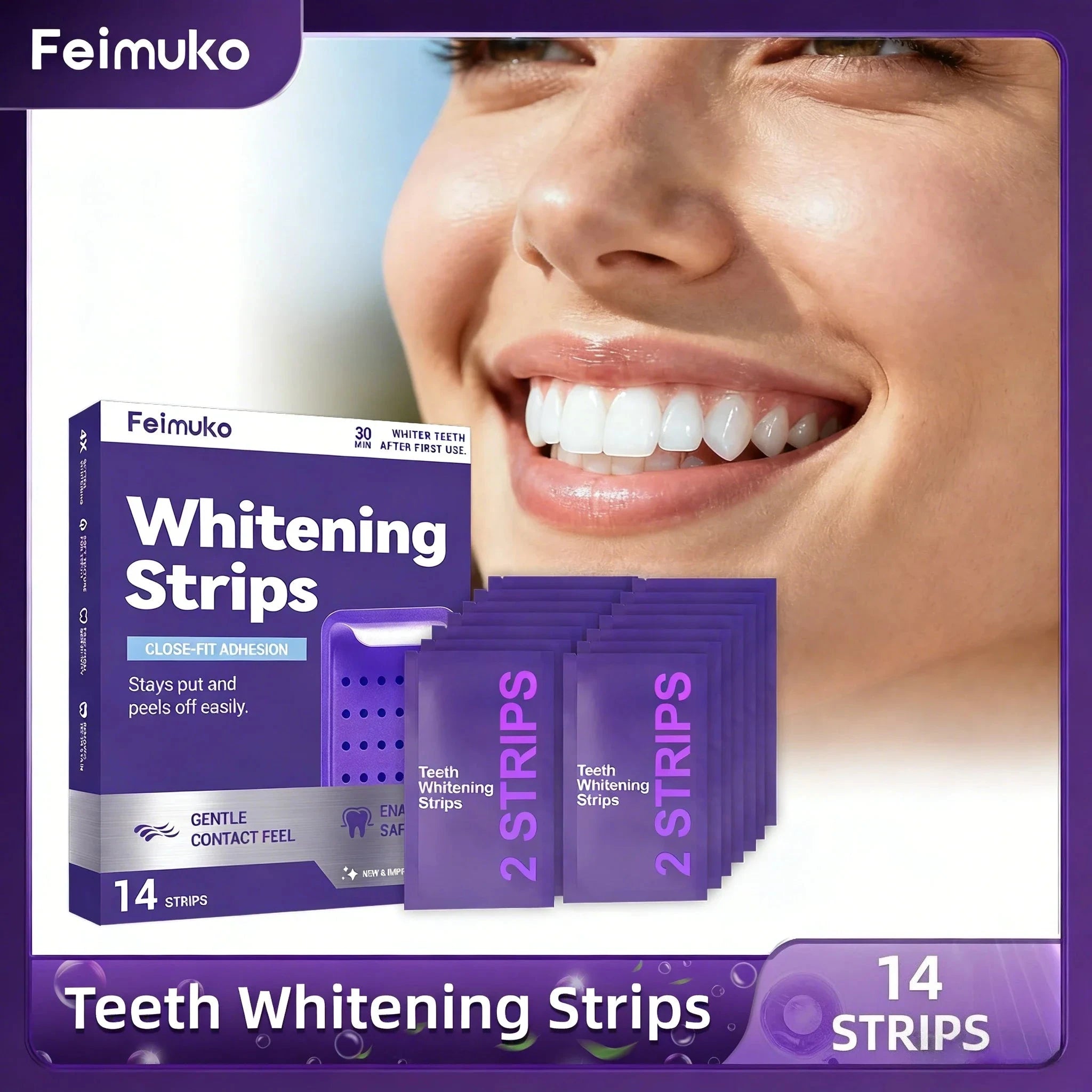 Purple teeth whitening strips and removal gel by Aurenza Shop for improving dental yellowing and enhancing a bright smile.