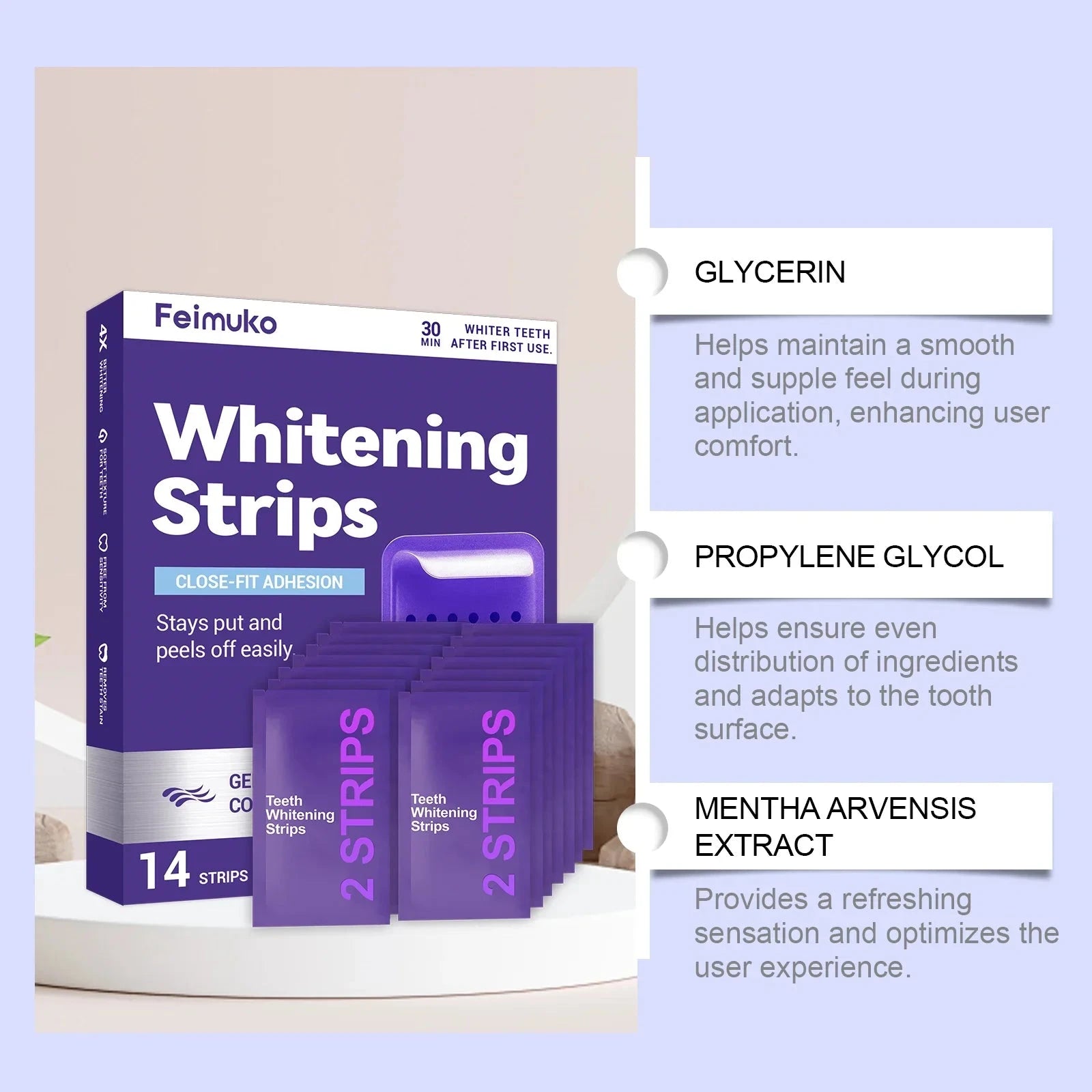 Purple Aurenza Teeth Whitening Strips and Removal Gel for dental cleaning, stain removal, and a brighter, healthier smile.