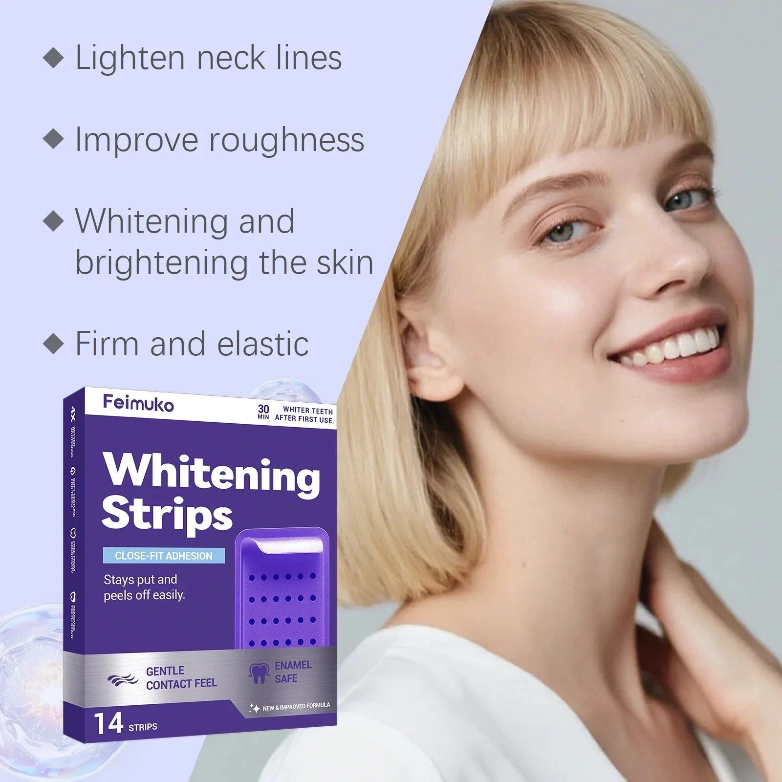 Purple teeth whitening strips and oral cleaning gel by Aurenza Shop for removing yellowing and brightening your smile.