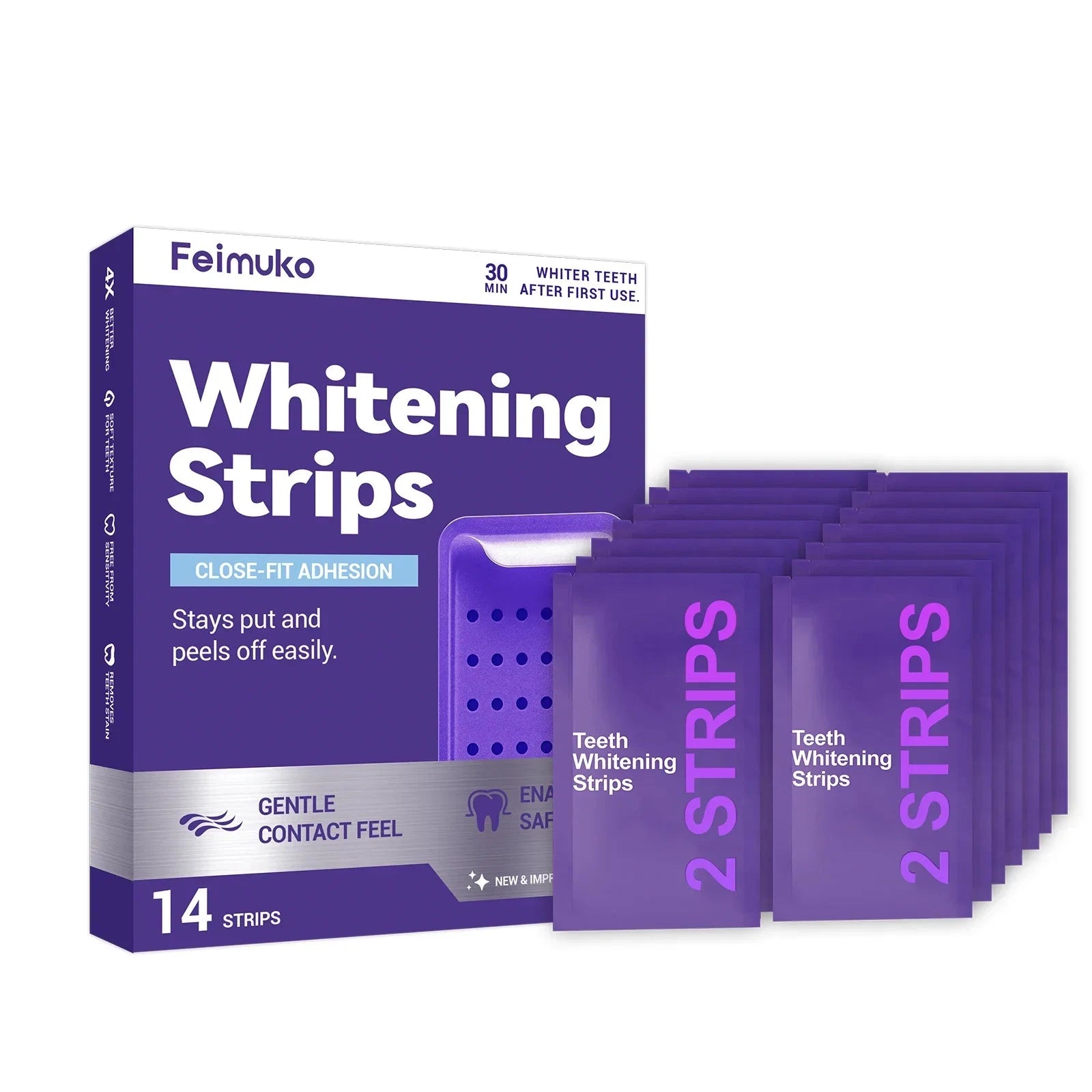 Purple teeth whitening strips and oral cleaning gel by Aurenza Shop for improving dental yellowing and brightening your smile.