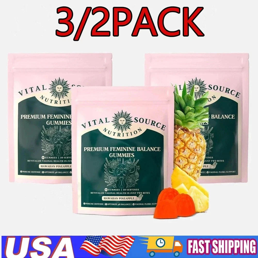 Three and two packs of Aurenza Shop Vital Source Feminine Balance Gummies with Hawaiian Pineapple flavor, showing the colorful gummy bottles.