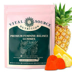 Vital Source Feminine Balance Gummies by Aurenza Shop in Hawaiian Pineapple flavor, showing the colorful gummy bottles and gummies.