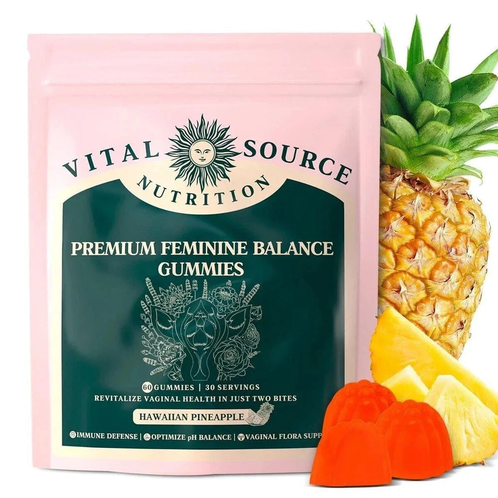 Vital Source Feminine Balance Gummies by Aurenza Shop in Hawaiian Pineapple flavor, showing the colorful gummy bottles and gummies.