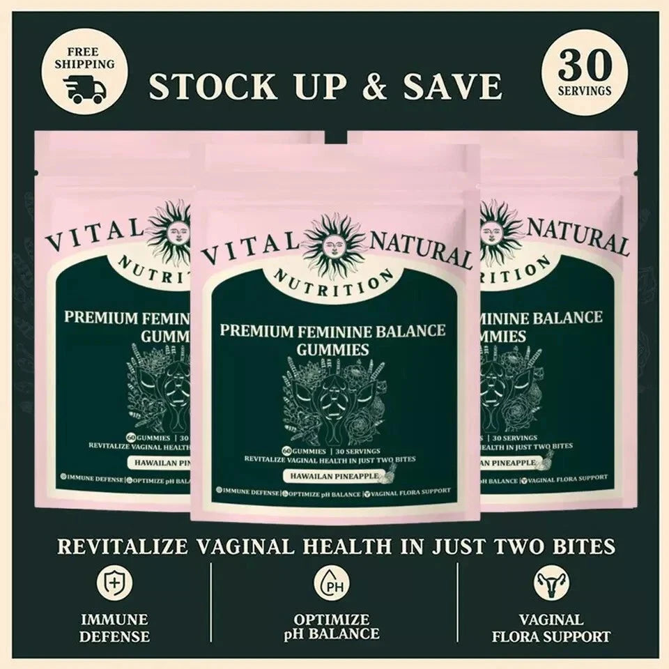 Vital Source Feminine Balance Gummies by Aurenza Shop in pineapple flavor, shown in 3 and 2 pack bottles.
