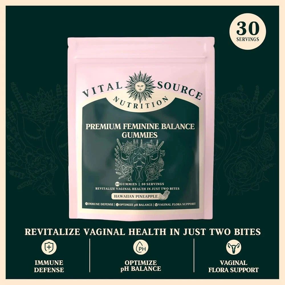Vital Source Feminine Balance Gummies in Hawaiian Pineapple flavor, showing the colorful gummy bottles and pineapple images.