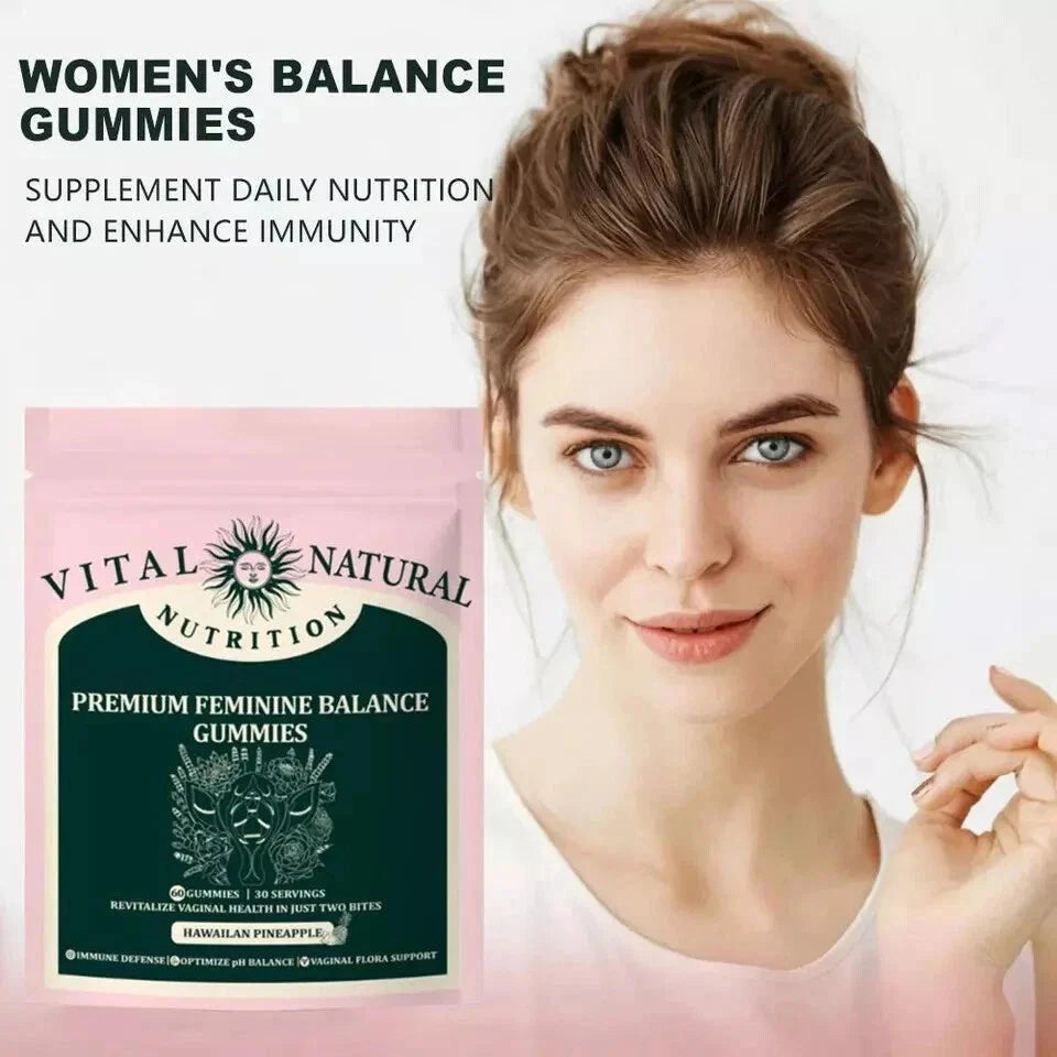 Vital Source Feminine Balance Gummies by Aurenza Shop in pineapple flavor, featuring a 3/2 pack, shown in a clear container with pineapple slices.