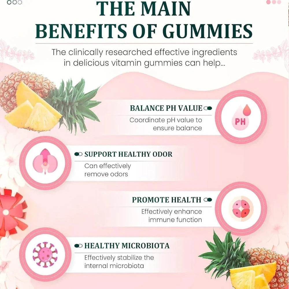 Aurenza Shop Vital Source Feminine Balance Gummies in Hawaiian Pineapple flavor, showing two bottles with colorful gummy supplements.