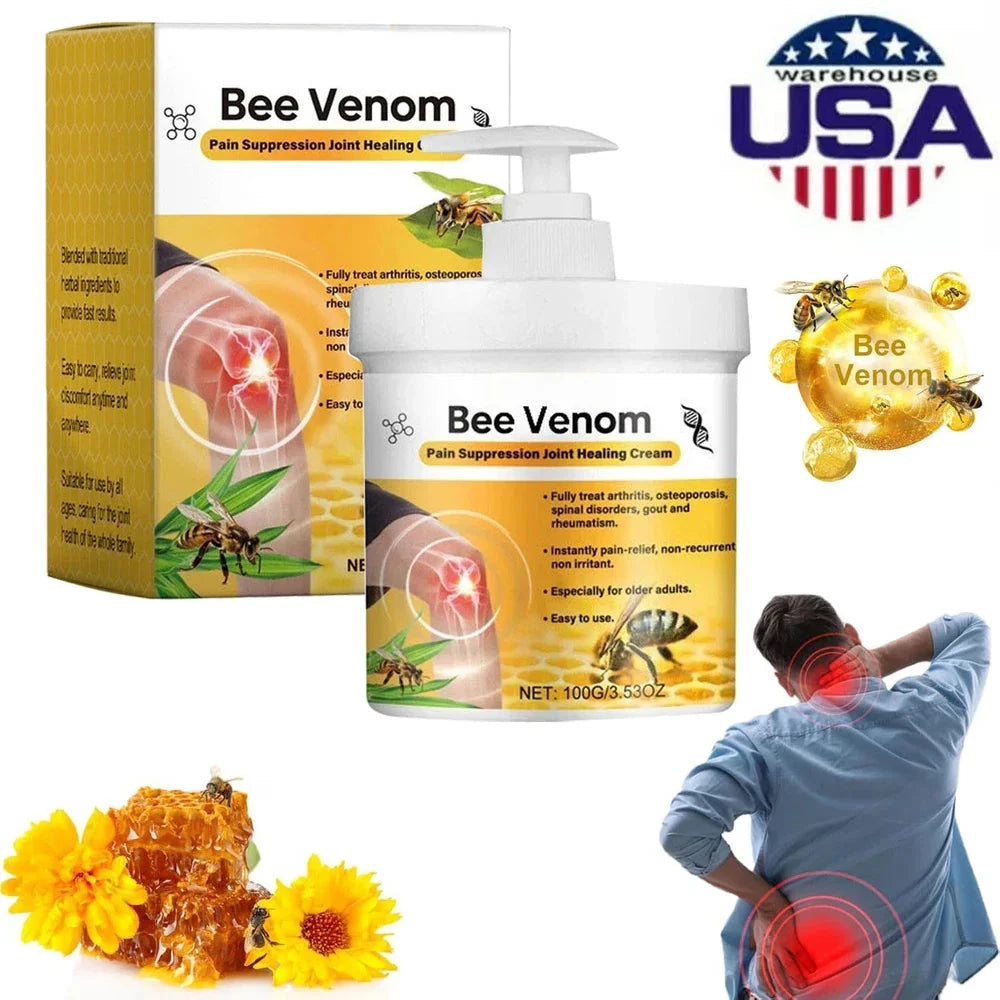 Aurenza Bee Venom Joint Pain Relief Cream tube showing label for joint and bone pain treatment for men and women.