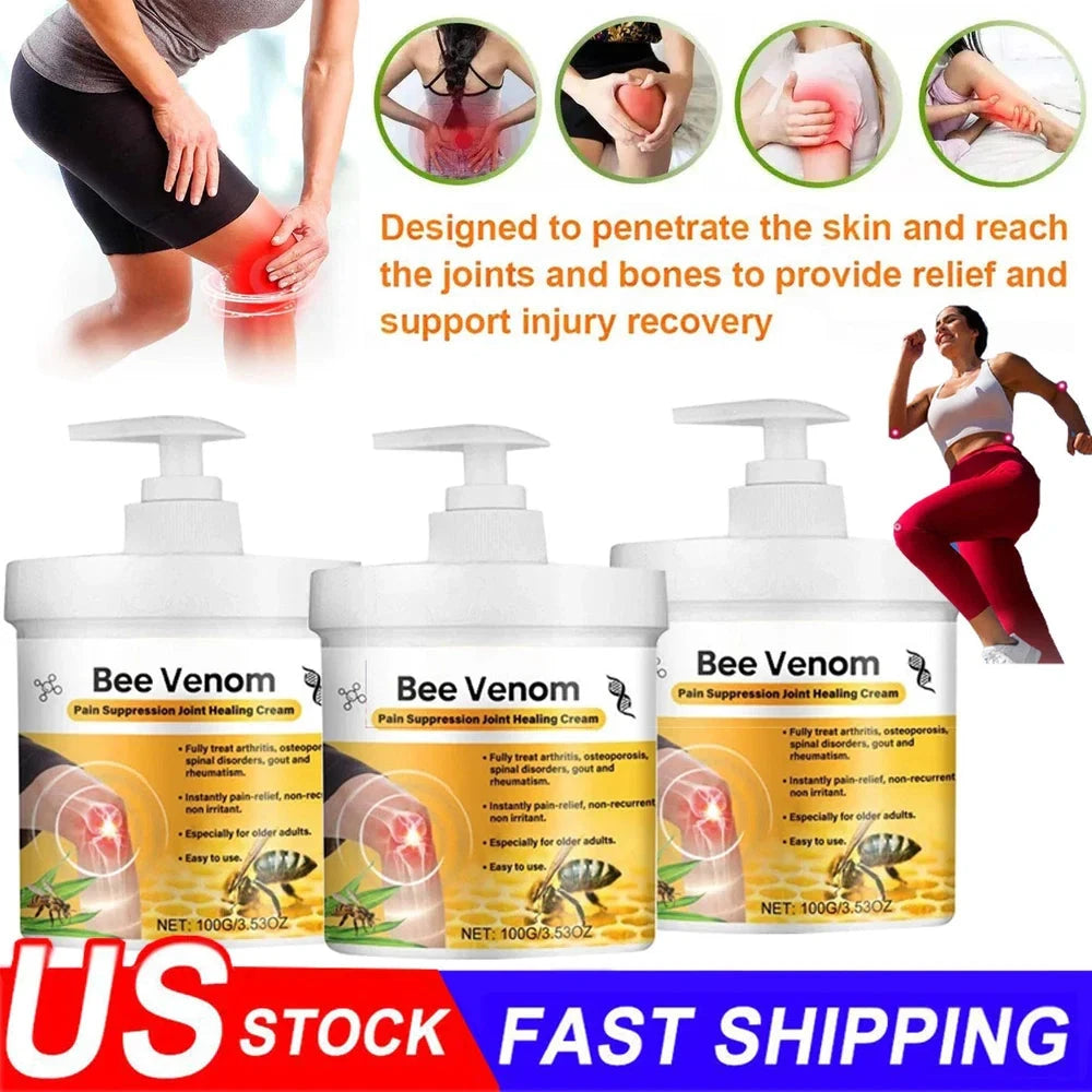 Aurenza Bee Venom Joint Pain Relief Cream jar showing the cream and label for joint and bone pain relief for men and women.