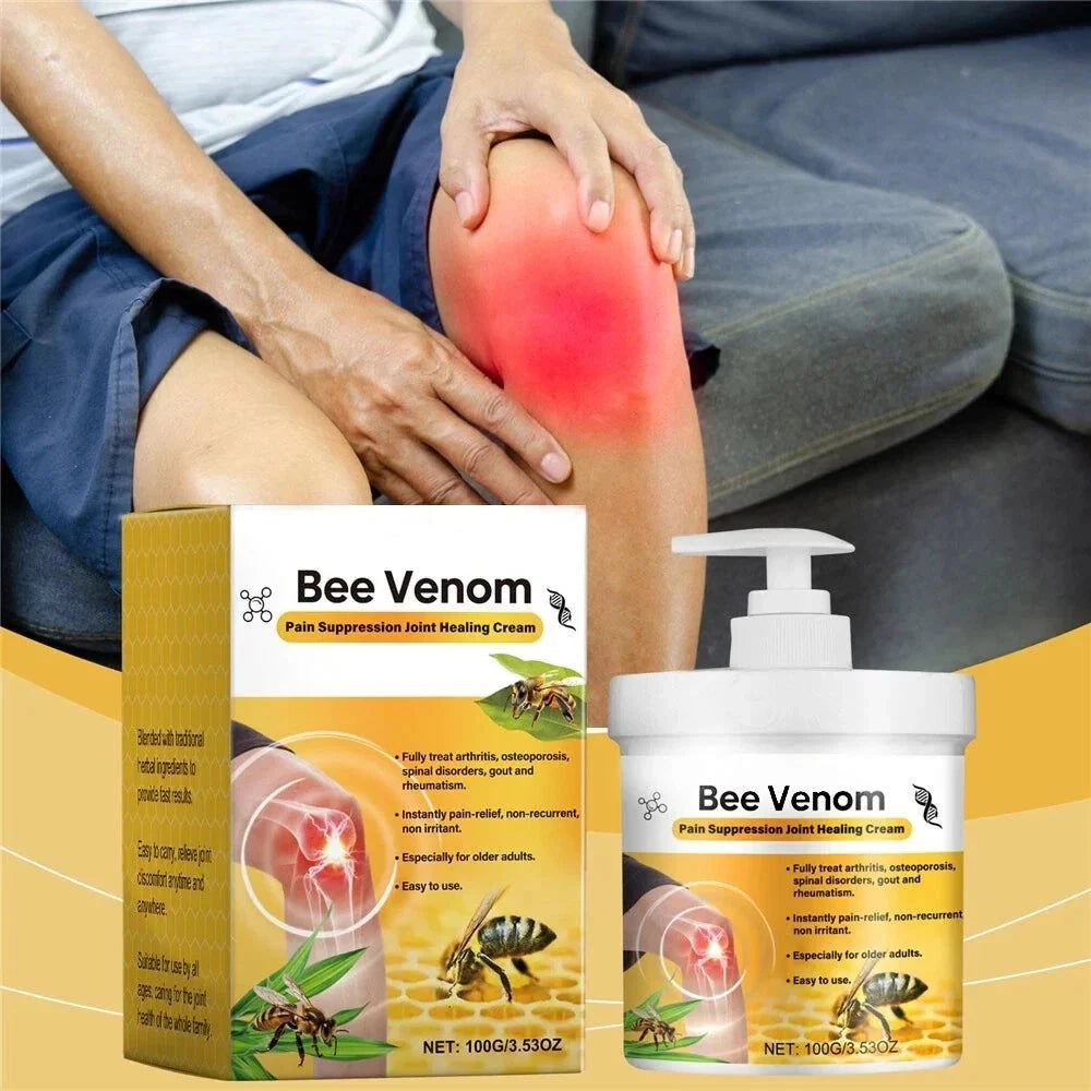 Aurenza Bee Venom Joint Pain Relief Cream jar showing label, designed for joint and bone pain relief for men and women.