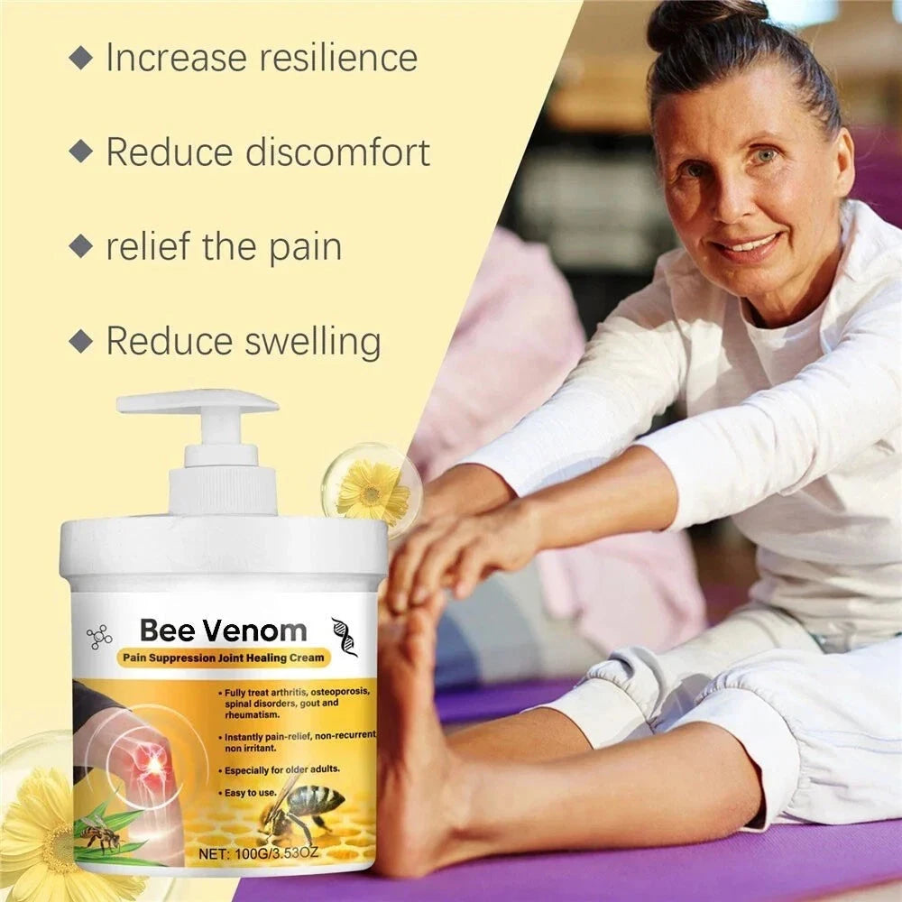 Aurenza Shop bee venom joint pain relief cream for men and women, showing the cream tube and packaging for joint and bone pain treatment.