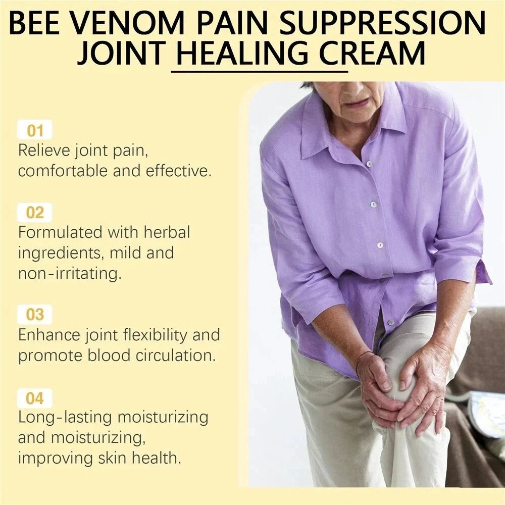 Aurenza Bee Venom Joint Pain Relief Cream jar with label showing natural healing ingredients for men and women.