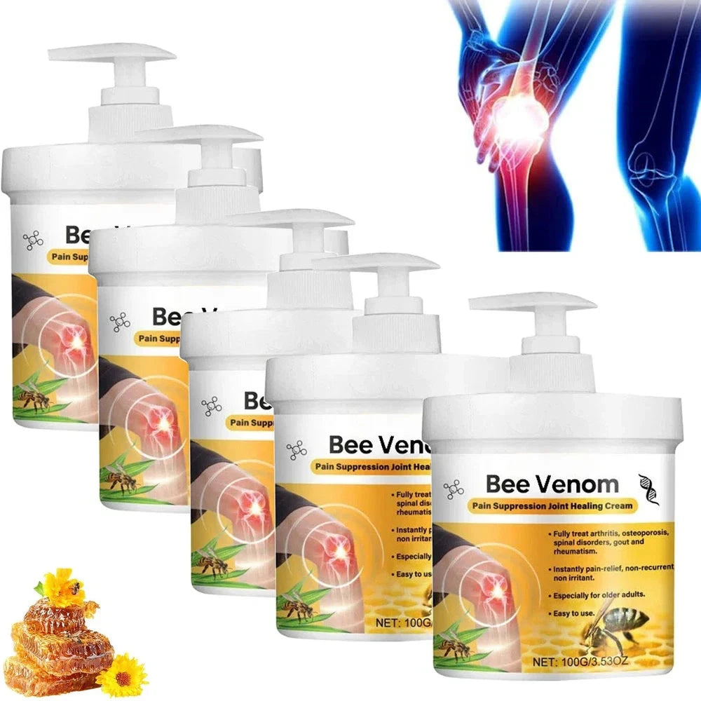 Aurenza Shop Bee Venom Joint Pain Relief Cream jar showing cream texture and label for joint and bone pain relief for men and women.
