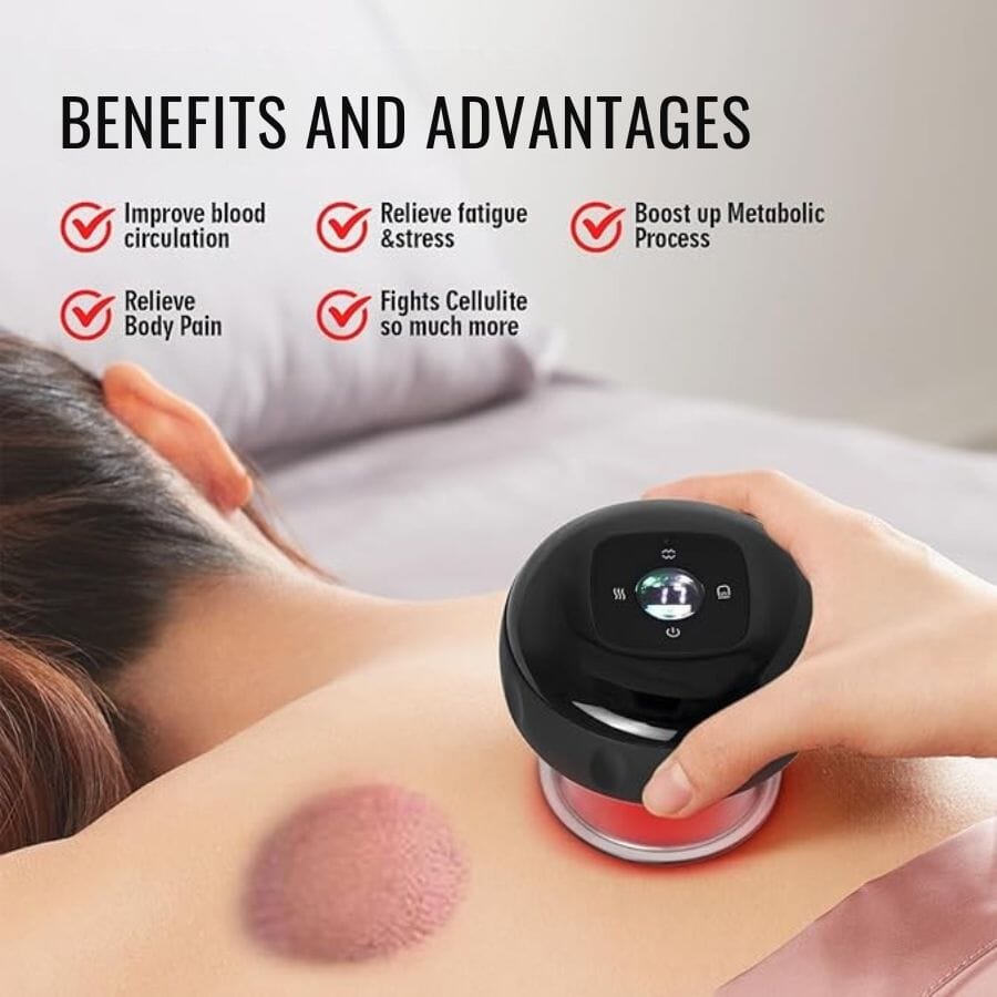 Aurenza 4-in-1 smart cupping therapy massager with red light therapy, featuring a sleek design and multiple attachment heads for targeted treatment.