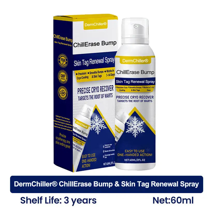 Aurenza Shop DermChiller ChillErase Bump and Skin Tag Renewal Spray bottle with applicator tip on a white background.