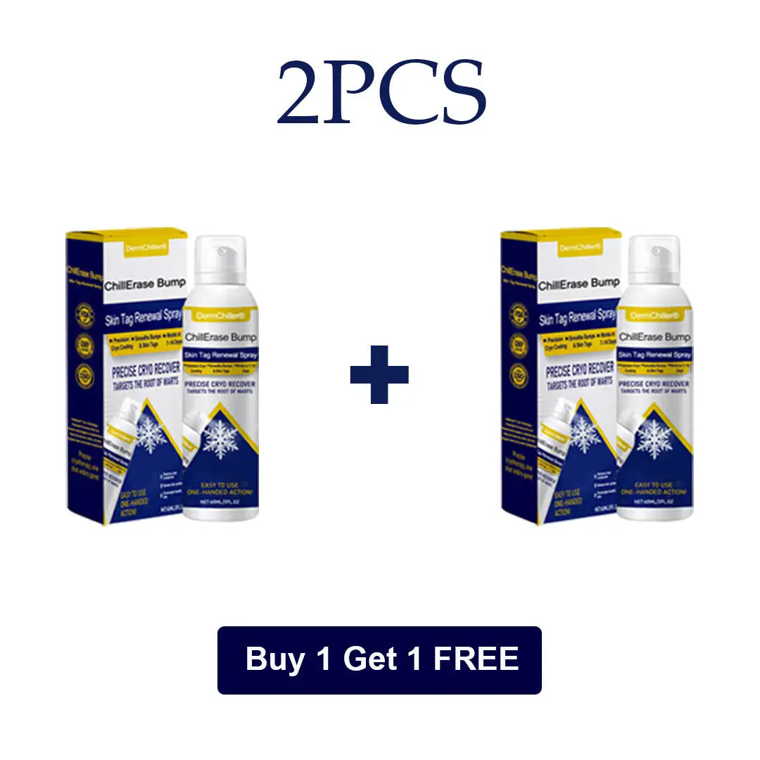 Aurenza DermChiller ChillErase Bump and Skin Tag Renewal Spray bottle with label and cap on a plain background.