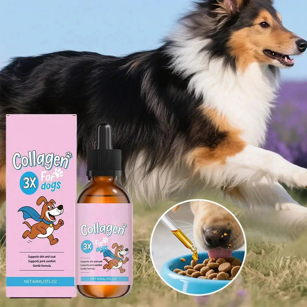 Aureza Shop 1/3/5-piece dog collagen drops with gentle formula for improving coat and skin health, displayed in bottles.