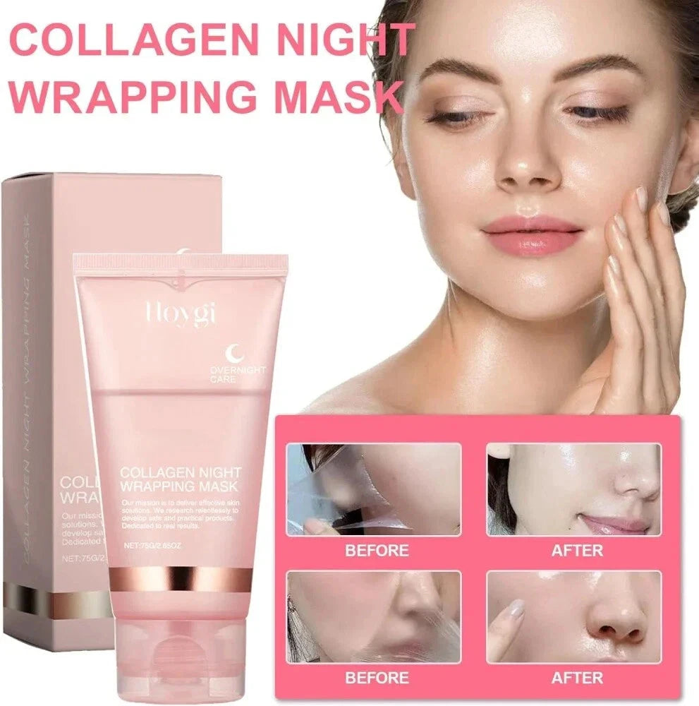 Aurenza Collagen Overnight Peel-Off Facial Mask for skin renewal and deep hydration, showing the mask's packaging and application.