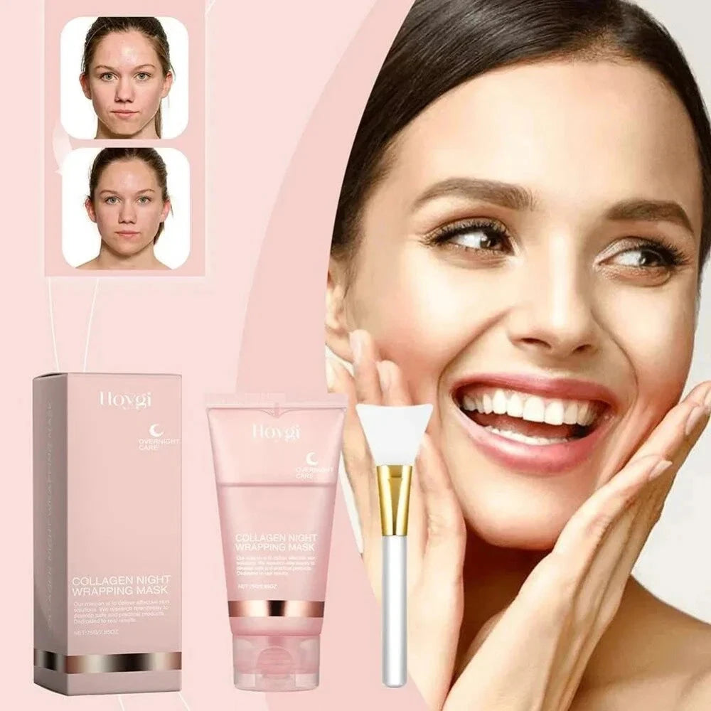 Aurenza Collagen Overnight Peel-Off Facial Mask for skin renewal and deep hydration, shown with the mask partially peeled off.