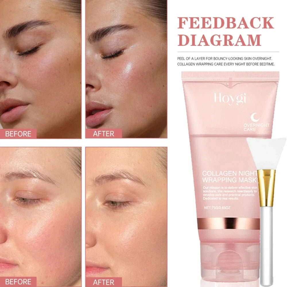 Aurenza Shop collagen overnight peel-off facial mask for skin renewal and deep hydration, shown spread out on a white background.