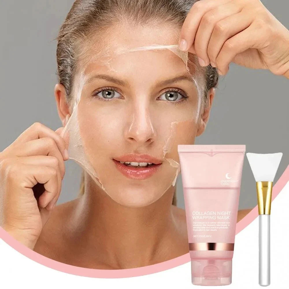 Aurenza Collagen Overnight Peel-Off Facial Mask for skin renewal and deep hydration, shown in a clear, unopened package.