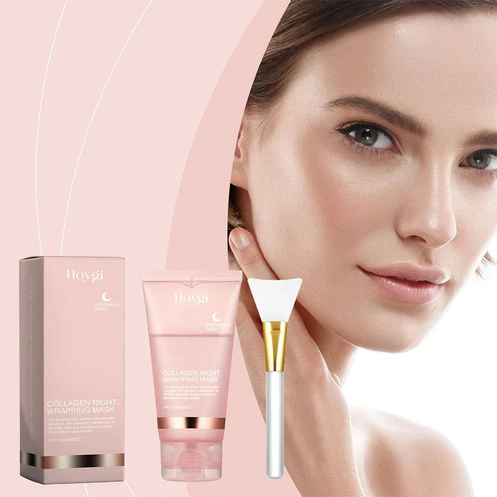 Aurenza Collagen Overnight Peel-Off Facial Mask for skin renewal and deep hydration, applied on a woman's face.