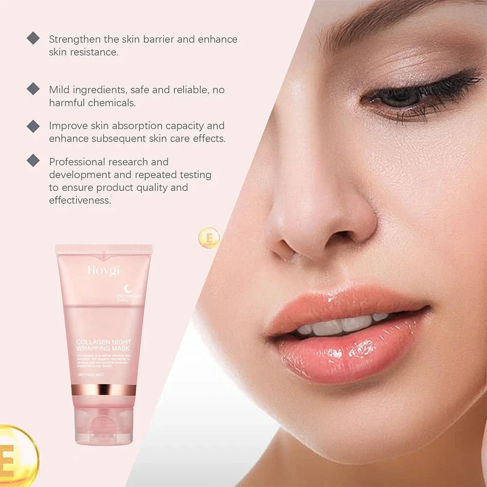 Aurenza Collagen Overnight Peel-Off Facial Mask for skin renewal and deep hydration, showing the mask being peeled off from a face.