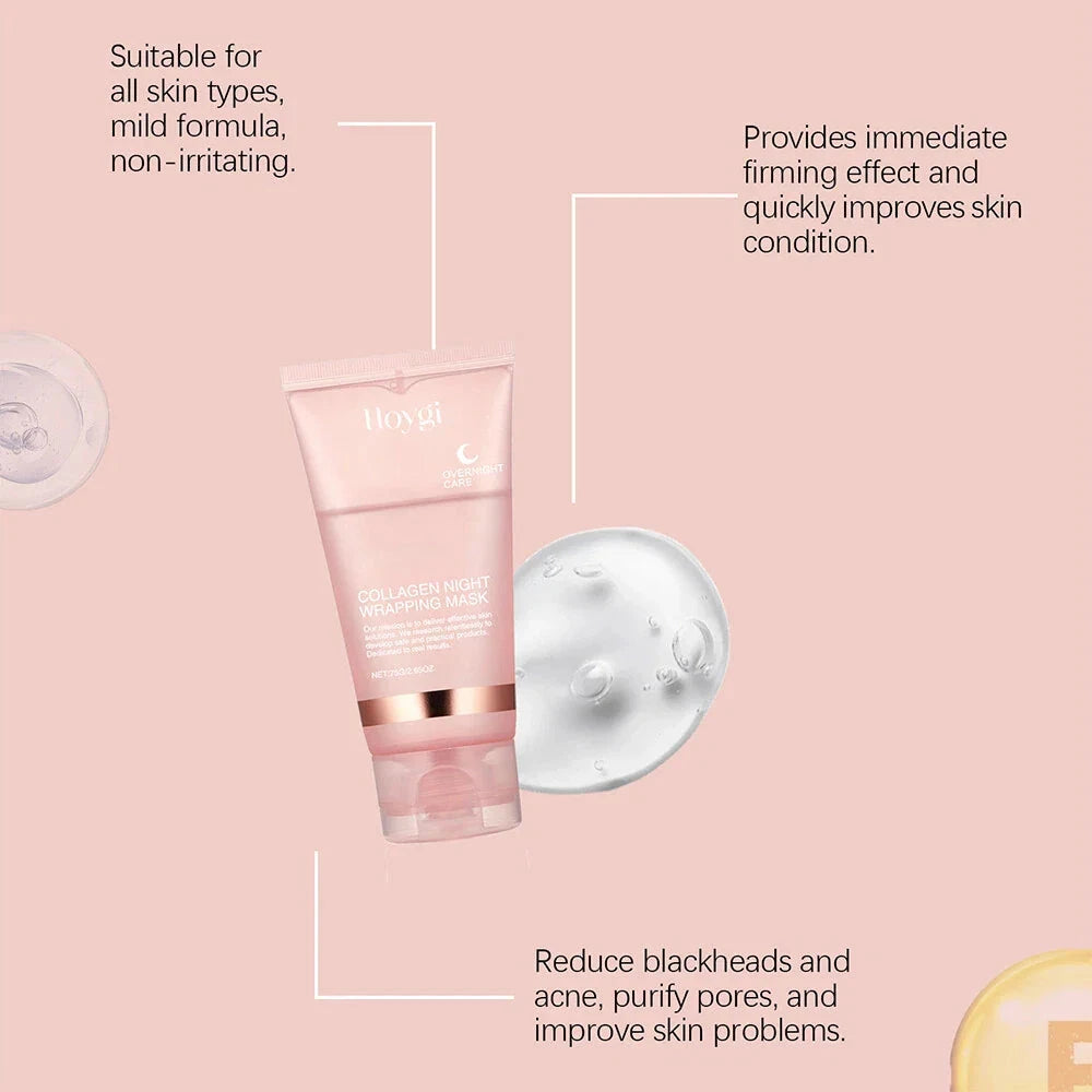 Aurenza Collagen Overnight Peel-Off Facial Mask for skin renewal and deep hydration, shown with the mask applied on a person's face.
