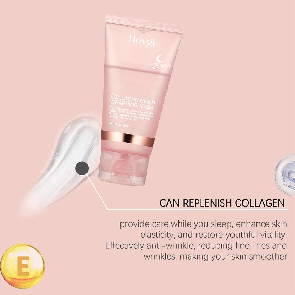 Aurenza Collagen Overnight Peel-Off Facial Mask for skin renewal and deep hydration, shown in a sleek black tube with a peel-off mask texture.