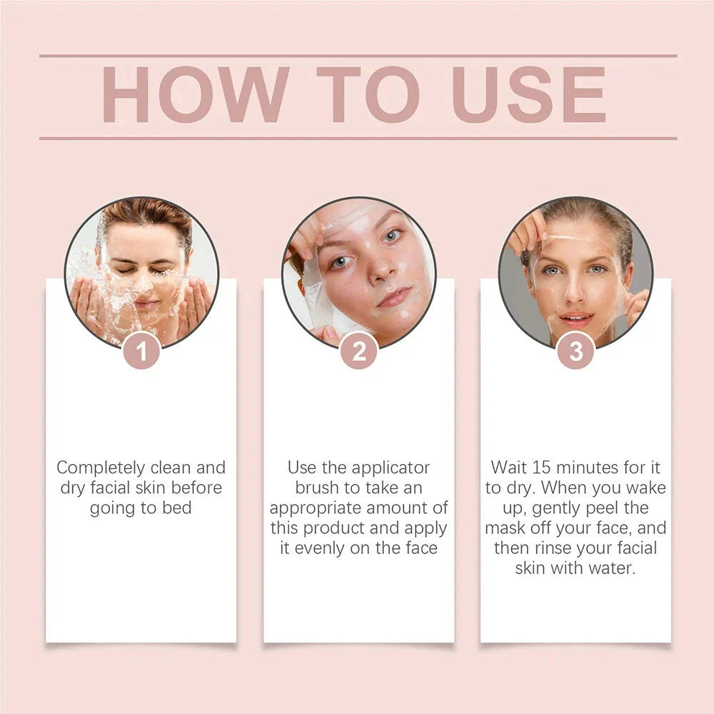 Aurenza Collagen Overnight Peel-Off Facial Mask for skin renewal and deep hydration, showing the mask's gel texture and packaging.