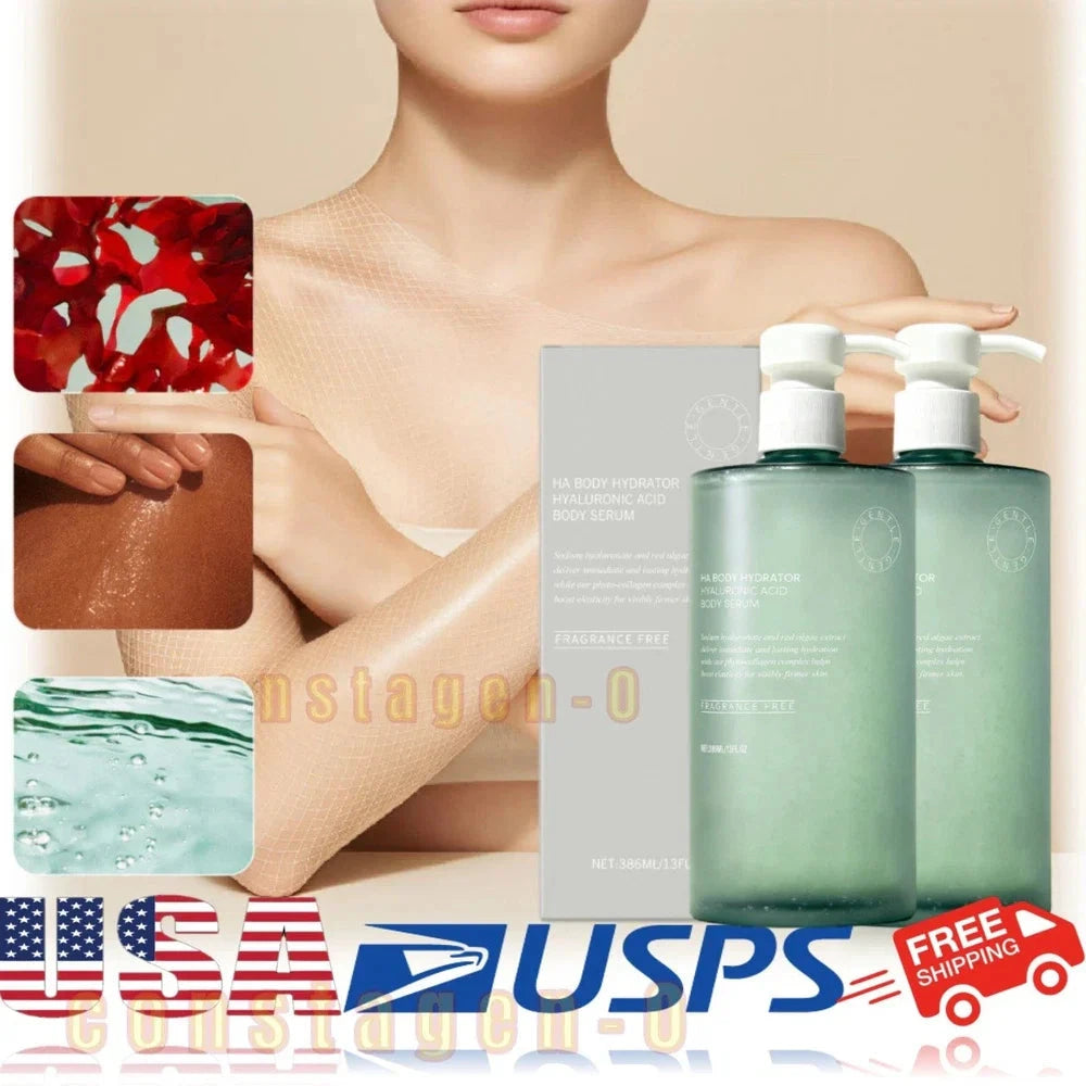 Aurenza Shop Hyaluronic Acid Body Serum in 386ml bottle, hydrating essence with hyaluronic acid for smooth, moisturized skin.