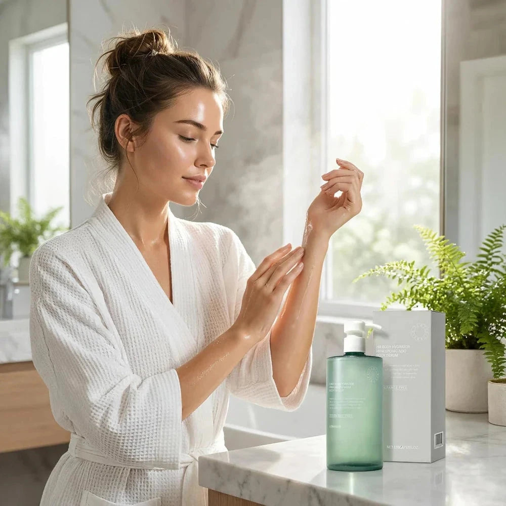 Aurenza Shop HA Body Hydrator Hyaluronic Acid Body Serum bottle, 386ml, with clear label and pump dispenser on a white background.
