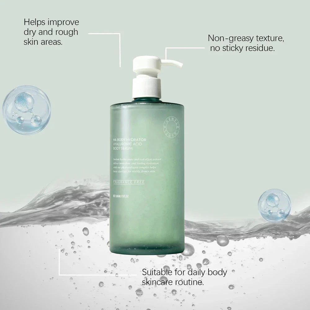 Aurenza HA Body Hydrator Hyaluronic Acid Body Serum bottle, 386ml, with a clear label and pump dispenser for moisturizing skincare