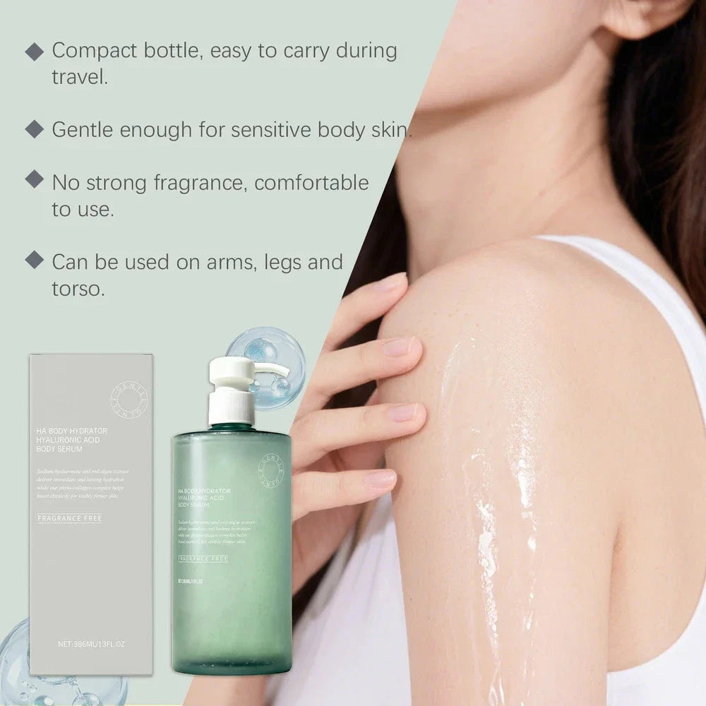 Aurenza HA Body Hydrator serum in a 386ml bottle featuring a clear, minimalist label with the hyaluronic acid essence for skin hydration.