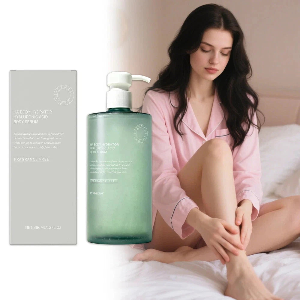 Aurenza Shop HA Body Hydrator Hyaluronic Acid Body Serum 386ml bottle showing clear liquid and pump dispenser.