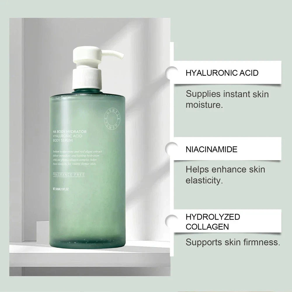 Aurenza Shop HA Body Hydrator Hyaluronic Acid Body Serum in 386ml bottle, showing the serum and product label.