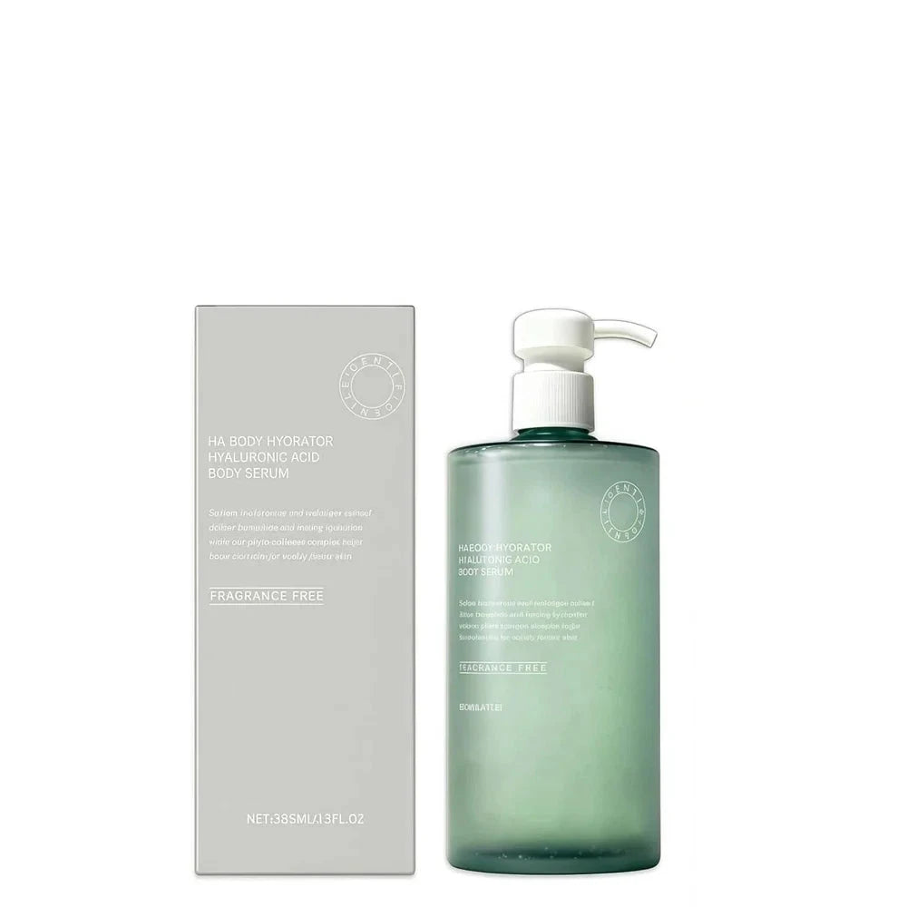 Aurenza Shop HA Body Hydrator Hyaluronic Acid Body Serum 386ml bottle, featuring clear liquid and label with product details.