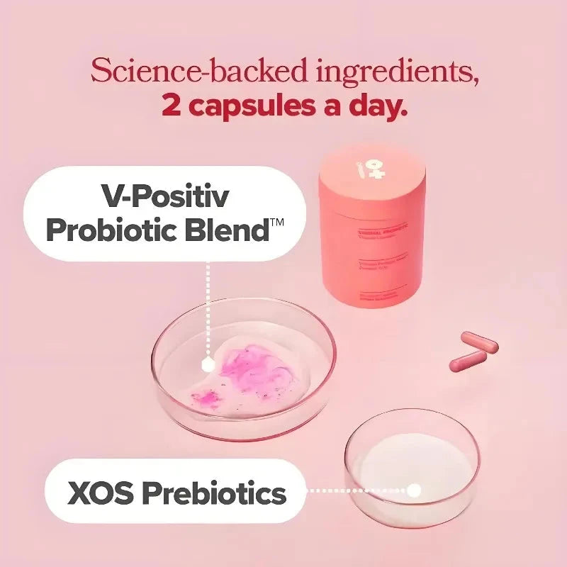 Women's probiotic capsules with Lactobacillus and XOS prebiotics for gut health and pH balance, by Aurenza Shop.