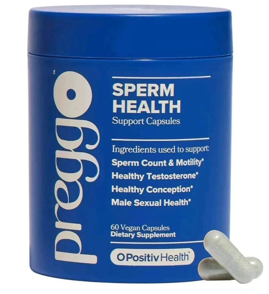Aurenza Shop Preggo Sperm Health Capsules for Men, 60 vegan capsules promoting sperm count and motility, displayed in a bottle.