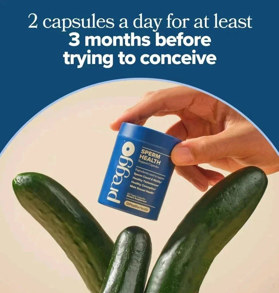 Aurenza Shop Preggo Sperm Health Capsules for Men, 60 vegan capsules, showing the bottle and label for sperm count and motility support.